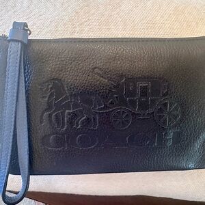 Coach Midnight Blue with Sky Blue Pebbled Leather Large Corner Zip Wristlet EXC